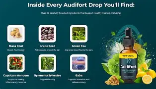 Audifort highlighted ingredients including maca root grape seed green tea capsicum Gymnema and GABA